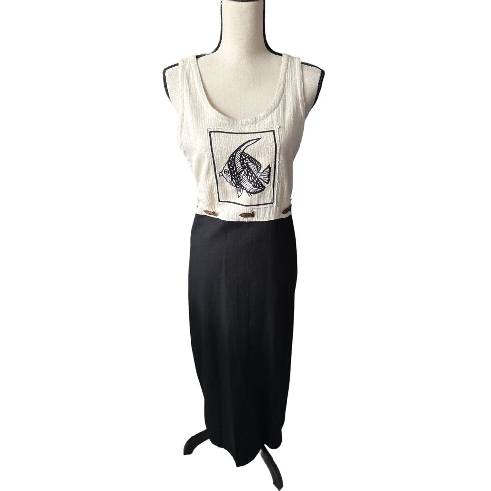 Fish Maxi Dress Linen Blend Sleeveless Black Khaki Top Club Mystique Size XL